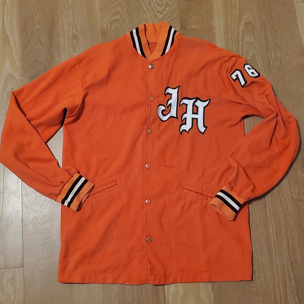 Vintage 1980s Orange White Embroidered Lightweight Varsity Jacket Large 80s #76